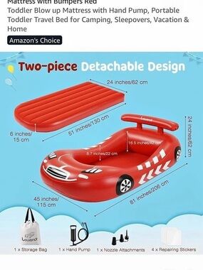 🏎️ Lewondr Inflatable Kids Race Car Travel Bed – Red